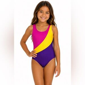Girls Colorblock One-Piece Swimsuit in Magenta, Yellow & Purple